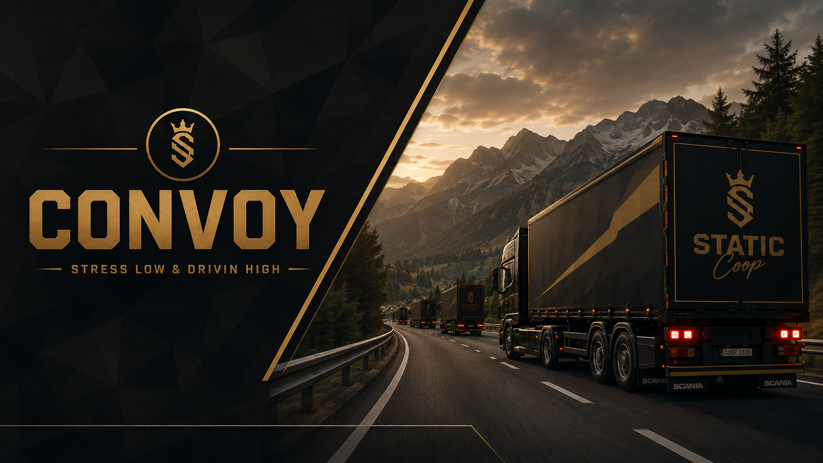Static Coop convoy driving through a mountain landscape